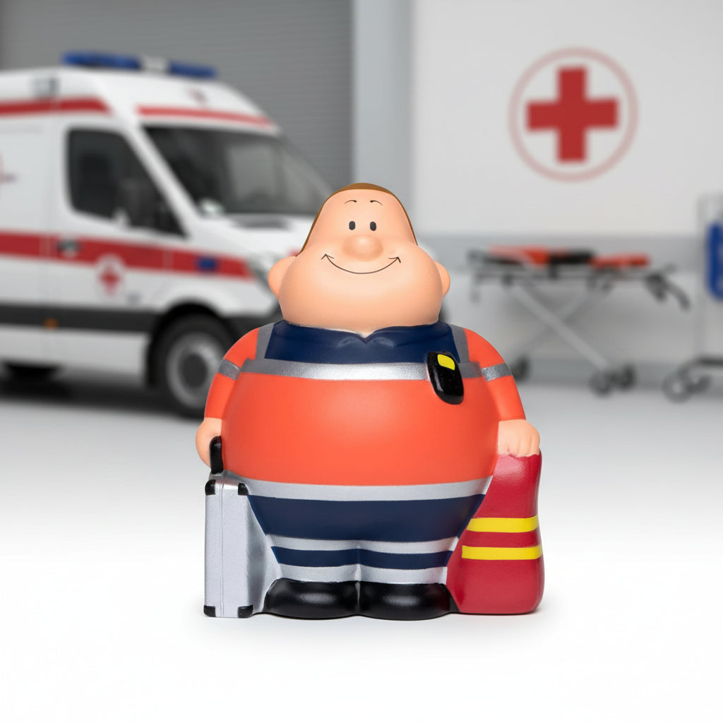 Ein fröhlicher sanitäter bert stressball feuerwehrmann mit orange-blau gestreiftem uniform und feuerlöscher