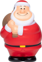 Rote und weiße plastik santa bert anti-stress-figur mit schwarzem gürtel, gelber schnalle und braunem sack