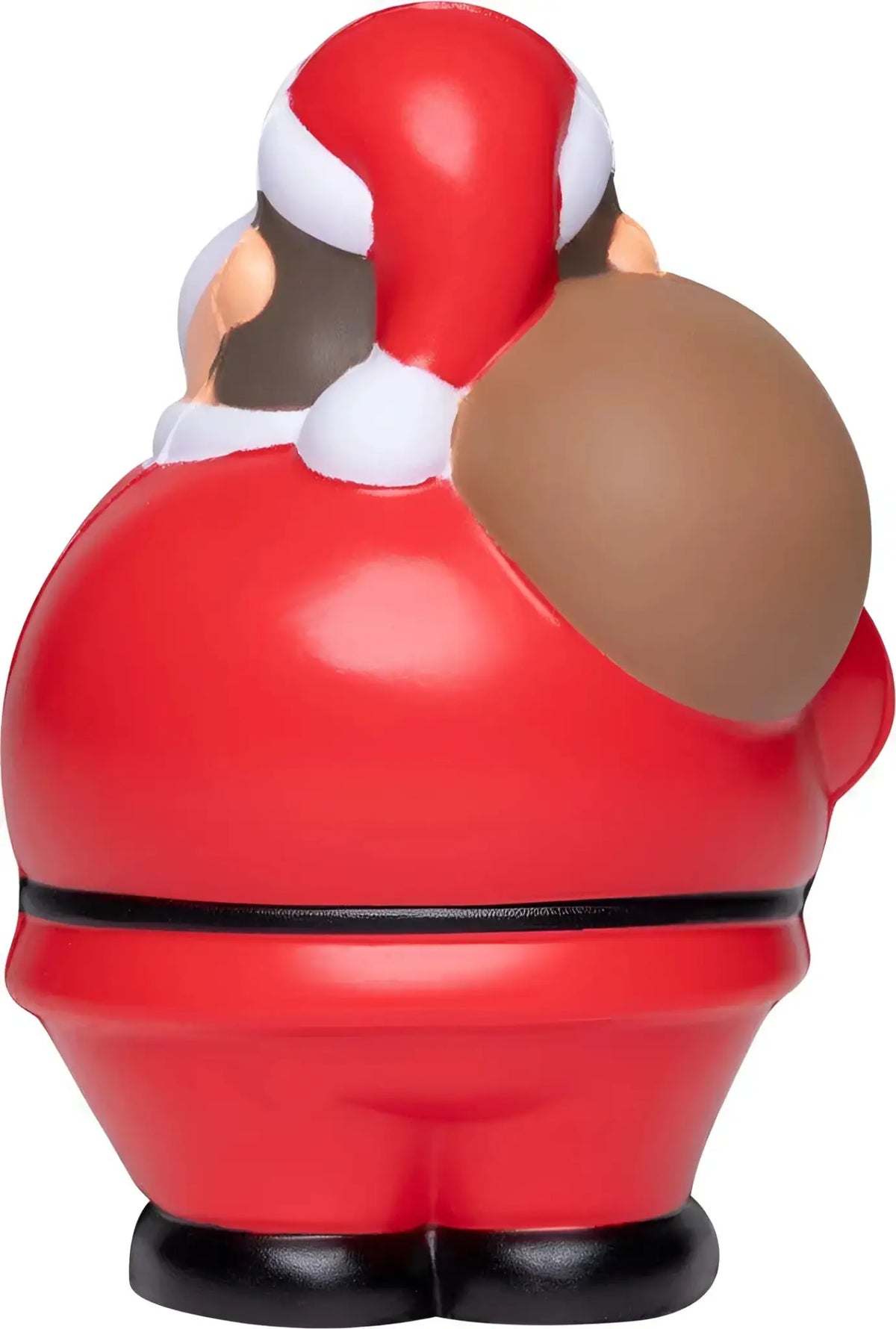Red plastik santa bert stress figur mit braunem sack und schwarzem bund zum drücken und stress abbauen