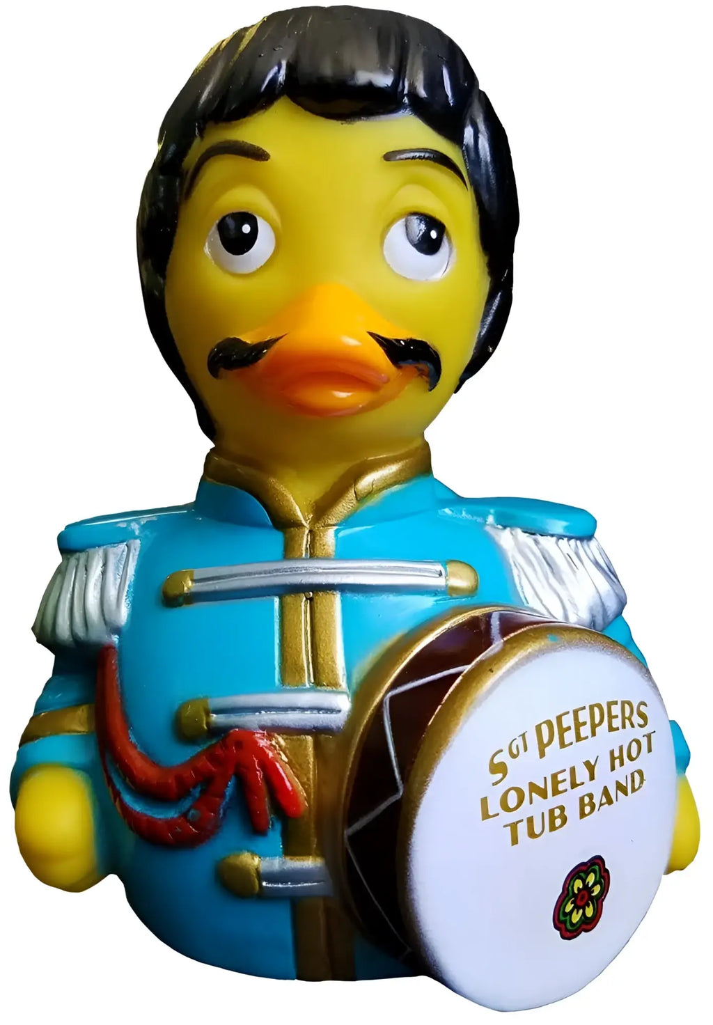 gelbe gummiente sargent peepers als trommler in blauem Uniform mit gold besatz und weißer trommel von celebri ducks