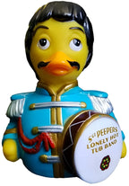 gelbe gummiente sargent peepers als trommler in blauem Uniform mit gold besatz und weißer trommel von celebri ducks