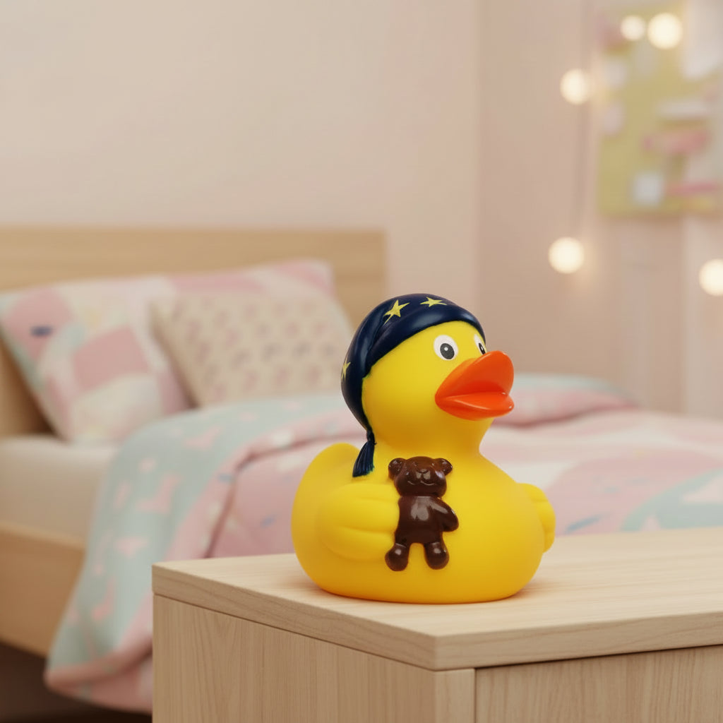 Gelbe quietsche-ente mit navy-blauem helm und goldenen sternen hält braunen teddy schlafmütze kind badeente