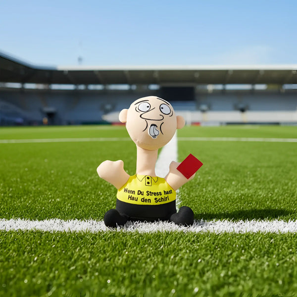 plush soccer referee Figur in gelb shirt mit Text wenn du stress hast hau den schiri haltend rot card