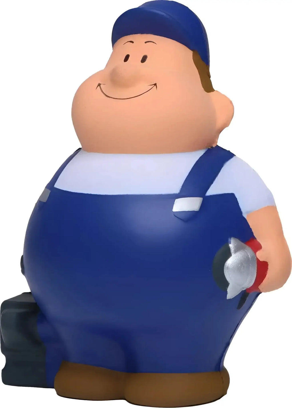 Blaue plastik cartoon schlosser figur namens bert in passendem overall und mütze mit werkzeug als anti stress spielzeug