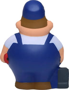 Blaue gummi-ente schlosser bert anti-stress-quetsch-figur mit weißem hemd braunen haaren und hut