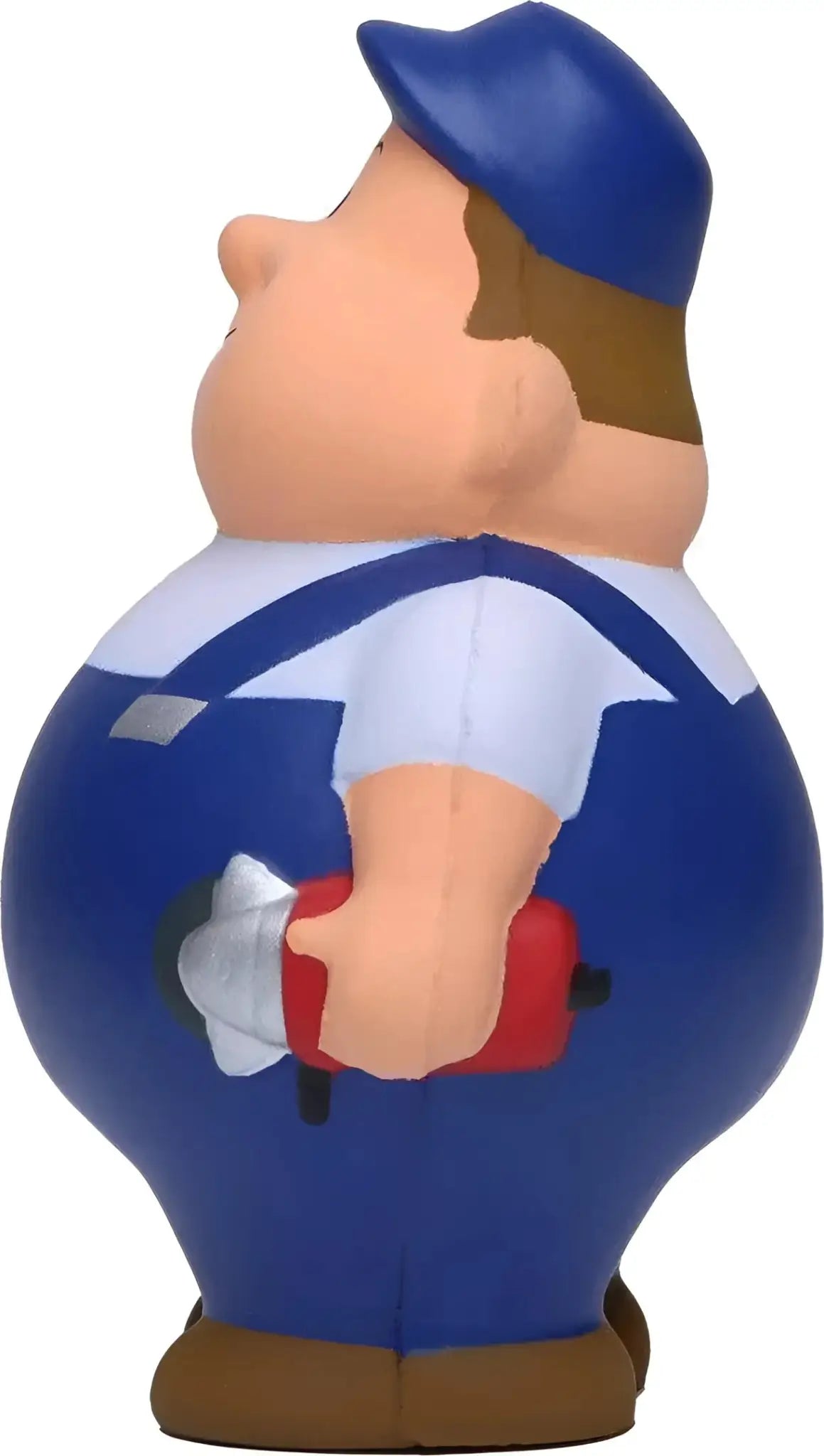 Blau weiße cartoon stresskiller figur mit rotem werkzeug in der hand schlosser bert anti stress quetsch figur