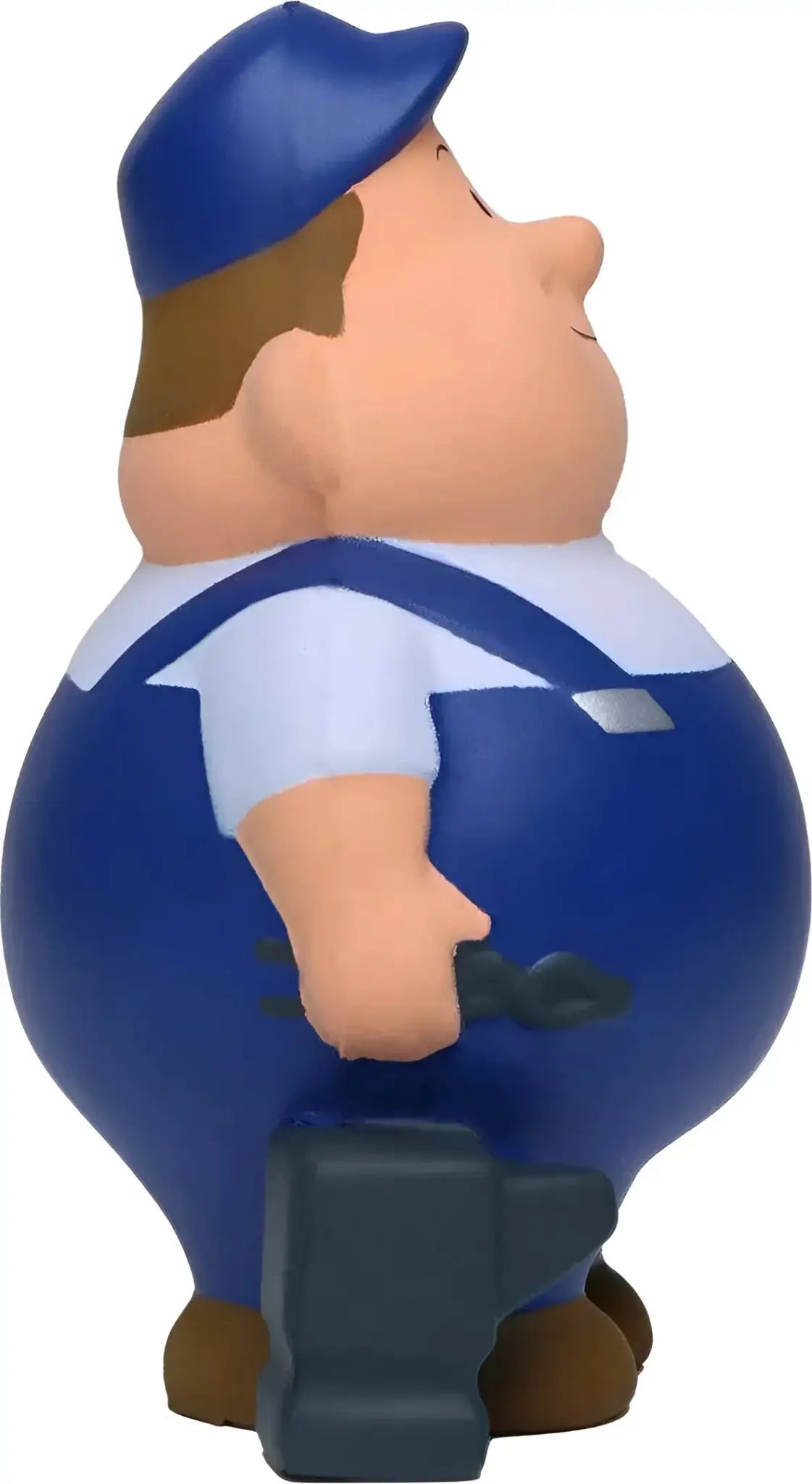 Blaue plastikfigur von schlosser bert mit overall und kappe als anti stress quetschfigur