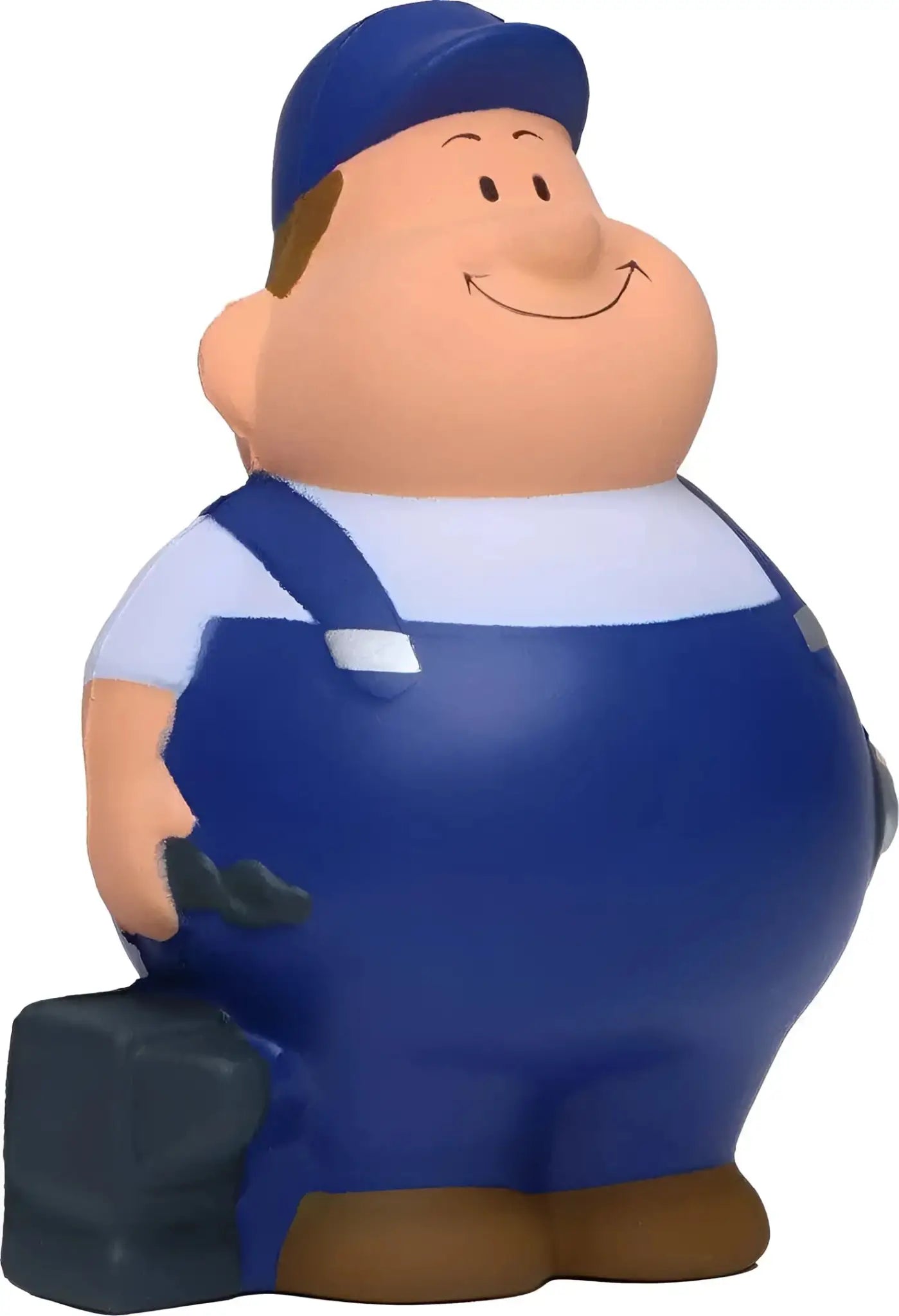 Blaue cartoon schlosser bert anti stress quetschfigur mit passendem cap und overall hält werkzeug in der hand