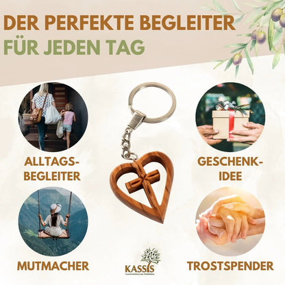 Schlüsselanhänger Kreuz im Herz aus Olivenholz - 1 Stück - Schlüsselanhänger