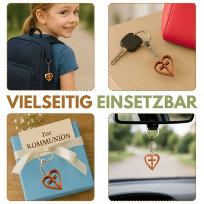 Schlüsselanhänger Kreuz im Herz aus Olivenholz - 1 Stück - Schlüsselanhänger