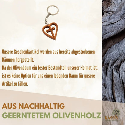 Schlüsselanhänger Kreuz im Herz aus Olivenholz - 1 Stück - Schlüsselanhänger