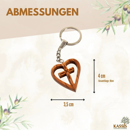 Schlüsselanhänger Kreuz im Herz aus Olivenholz - 1 Stück - Schlüsselanhänger