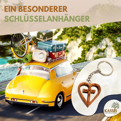 Schlüsselanhänger Kreuz im Herz aus Olivenholz - 1 Stück - Schlüsselanhänger