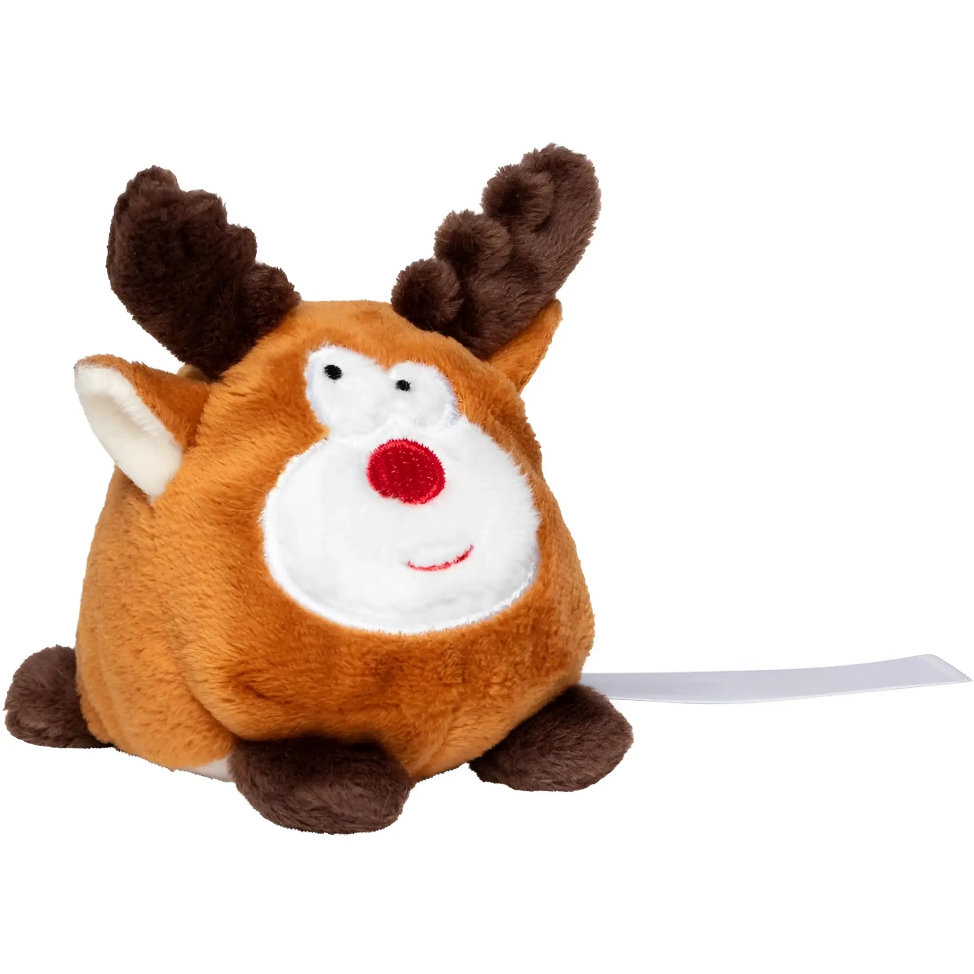 A plush round reindeer toy with brown fur white face patch and nose dark brown antlers from schmoozies displayreiniger elch