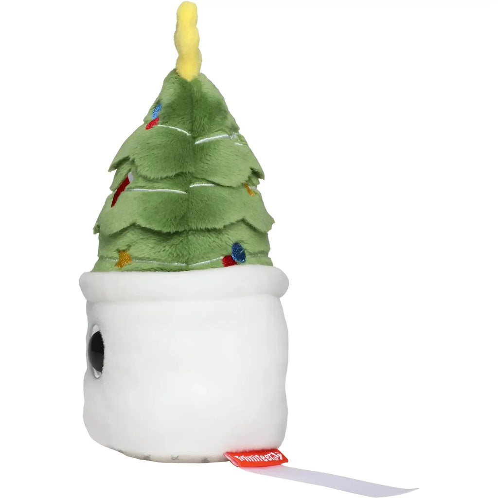 Grüner kuschelweicher schmoozies displayreiniger tannenbaum mit bunten lichtern und gelbem topper im weißen topf