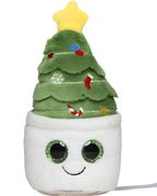Ein schmoozies® displayreiniger evergreenies® tannenbaum aus grünem stoff mit bunten stickornamenten und gelbem stern topper in weißem topf mit glitzernden grünen augen ideal als wichtelgeschenk