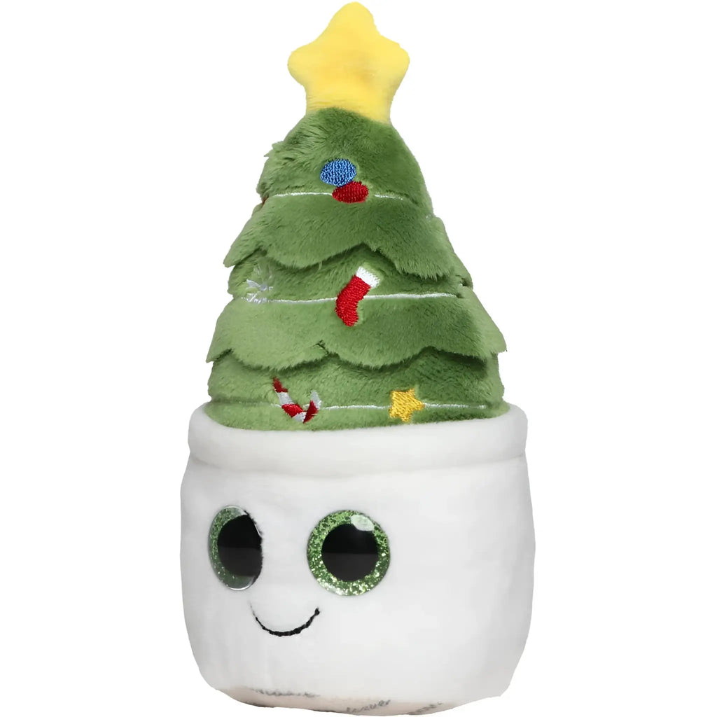 Ein plush schmoozies displayreiniger tannenbaum mit grünem fell, gelbem stern, bestickten ornamenten und smiling pot
