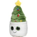Ein plush schmoozies displayreiniger tannenbaum mit grünem fell, gelbem stern, bestickten ornamenten und smiling pot