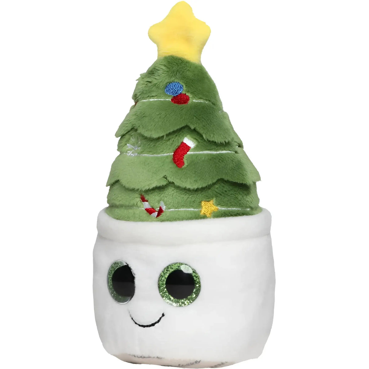 Ein plush schmoozies displayreiniger tannenbaum mit grünem fell, gelbem stern, bestickten ornamenten und smiling pot