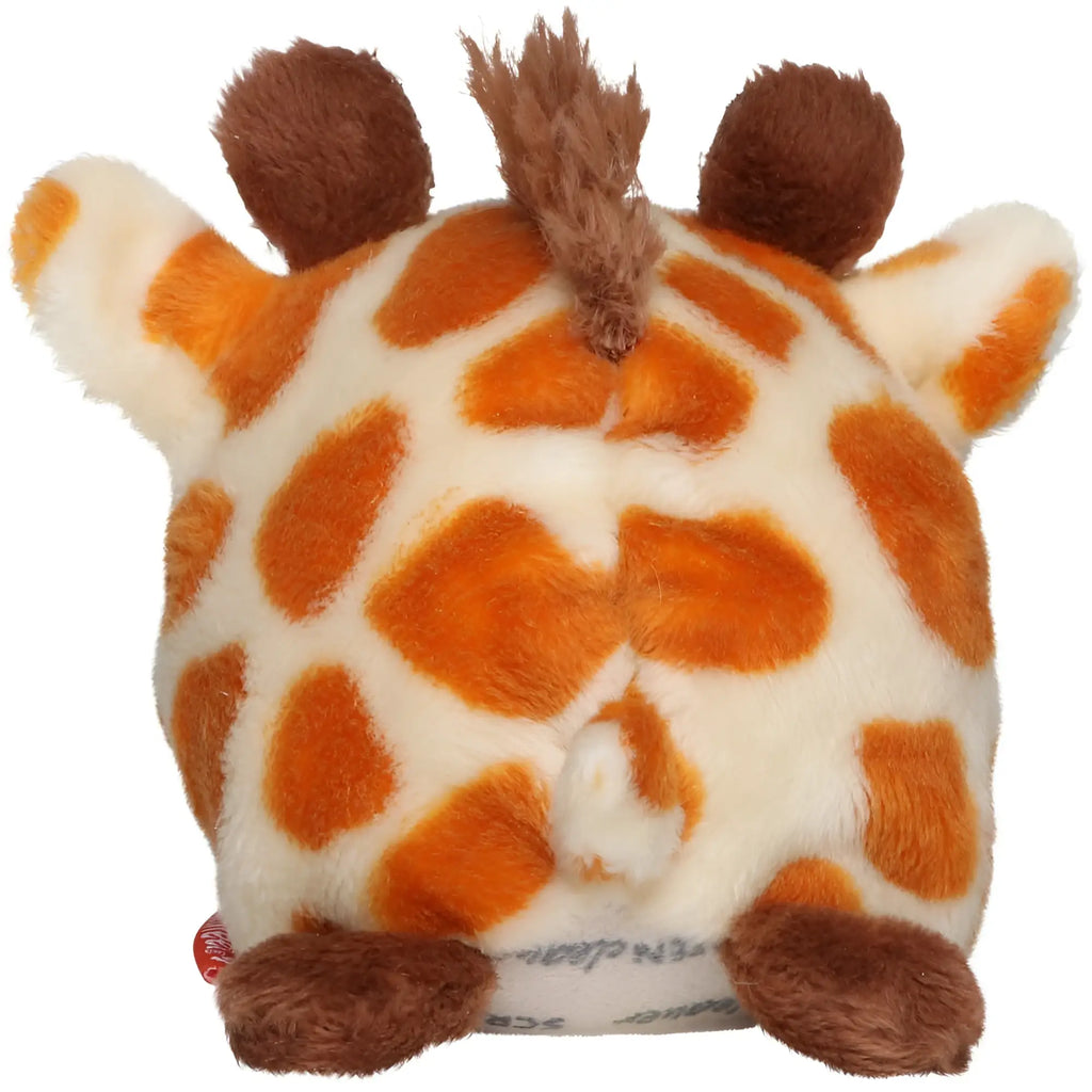 A plush giraffe toy with soft orange and cream spots brown ears and tufted tail from schmoozies displayreiniger giraffe