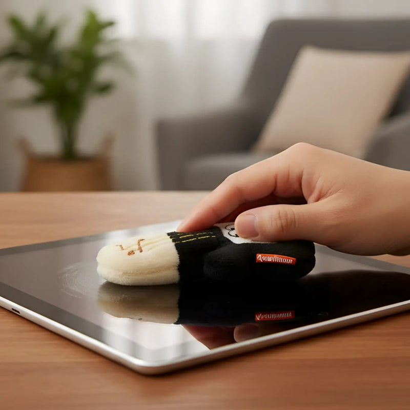 Black and cream plush sock-shaped tablet cleaner with embroidered face from schmoozies displayreiniger gitarre