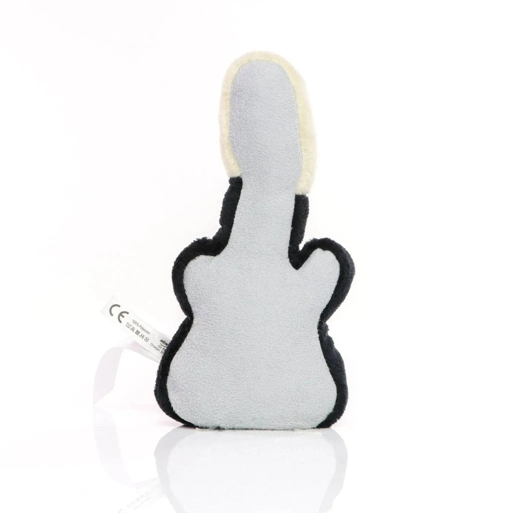 Ein weicher hellgrauer plüsch displayreiniger gitarre von schmoozies mit schwarzer naht und cremefarbenem rand am hals