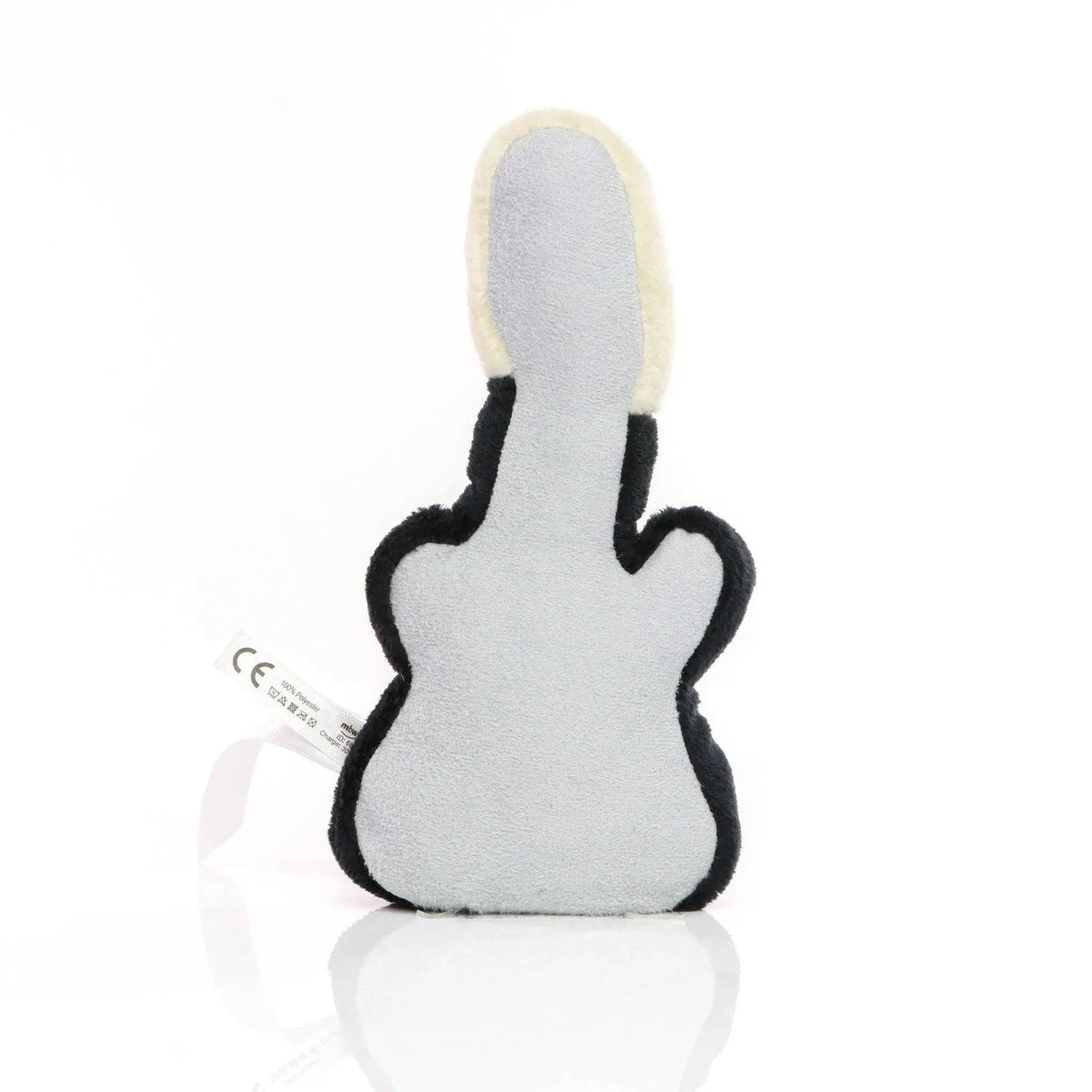 Ein weicher hellgrauer plüsch displayreiniger gitarre von schmoozies mit schwarzer naht und cremefarbenem rand am hals