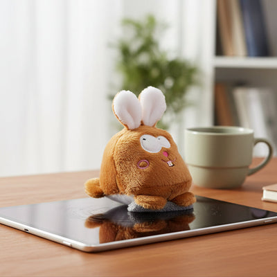 Schmoozies displayreiniger hase ein brauner plüschhase mit weißen flauschigen ohren und kleinem schokokuchen auf der brust
