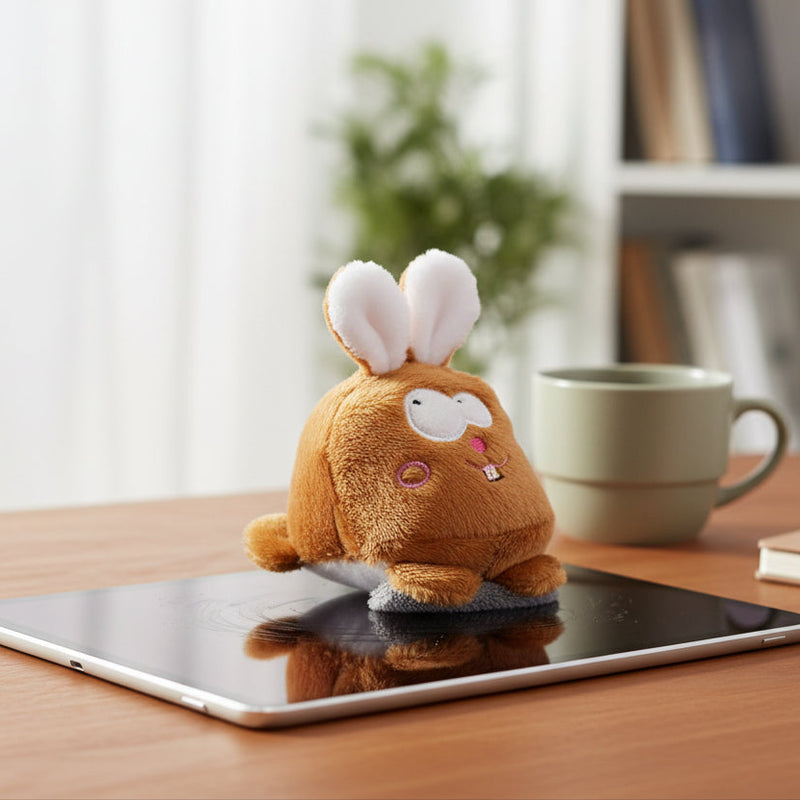 Schmoozies displayreiniger hase ein brauner plüschhase mit weißen flauschigen ohren und kleinem schokokuchen auf der brust