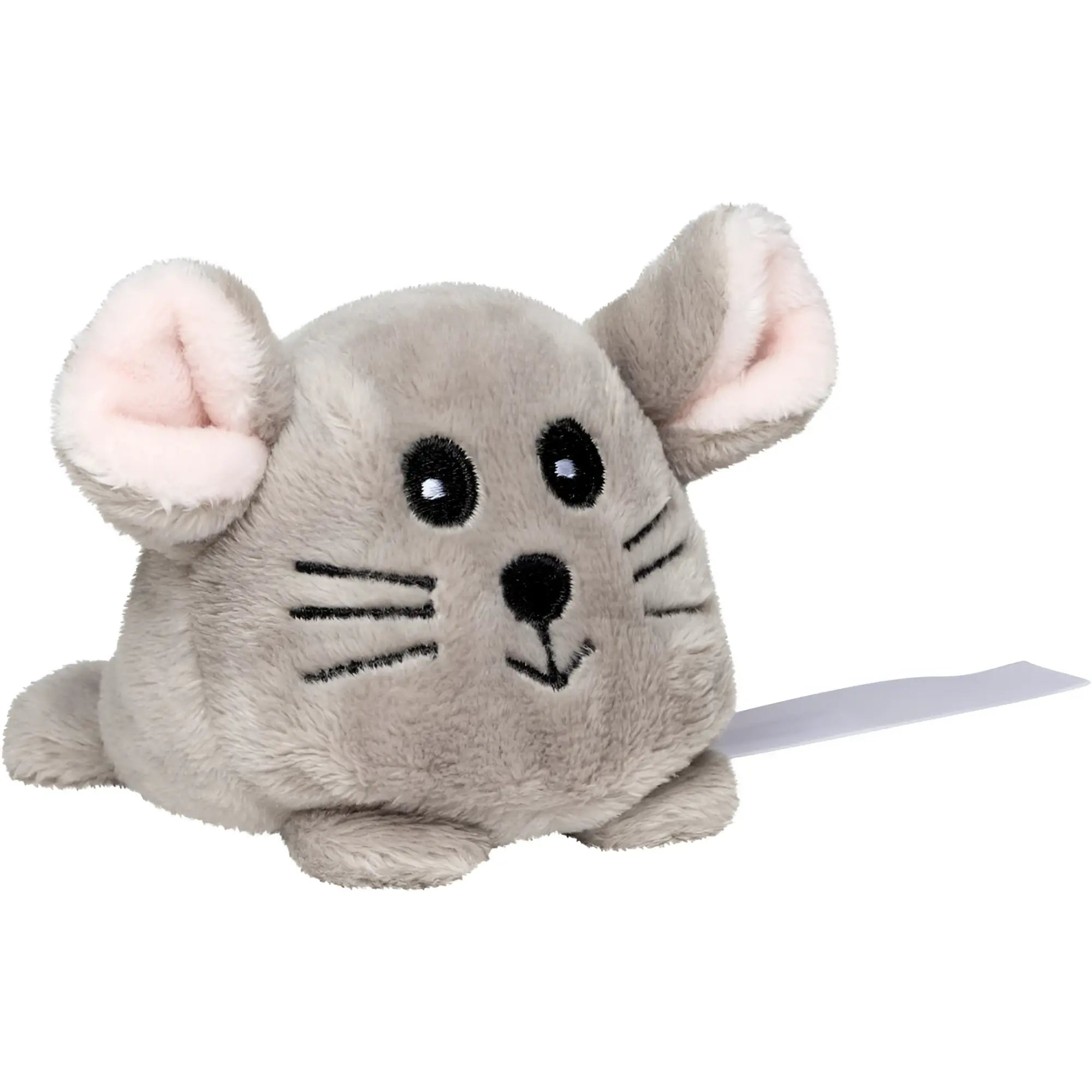 A soft gray plush mouse toy with pink ears and black stitching as schmoozies displayreiniger maus