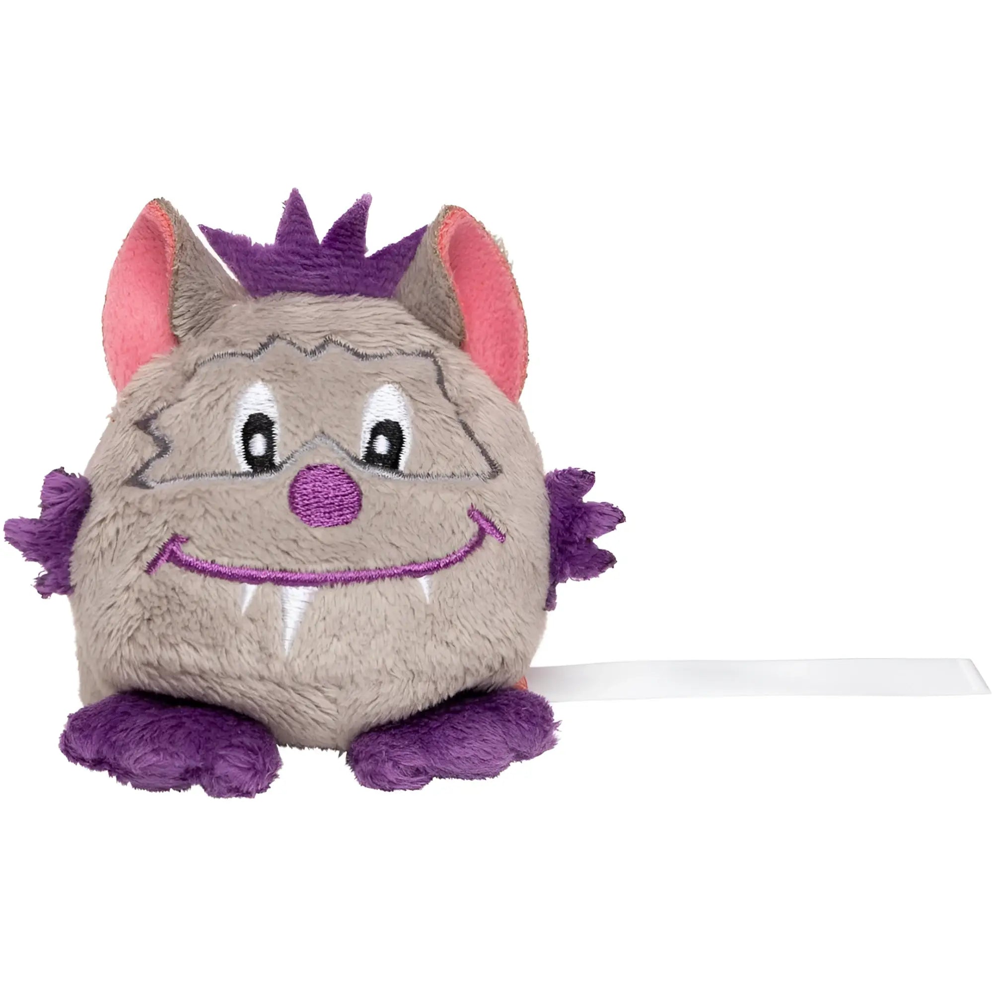 A plush gray schmoozies® displayreiniger monster toy with purple spikes, embroidered face, and pink ears for cleaning screens