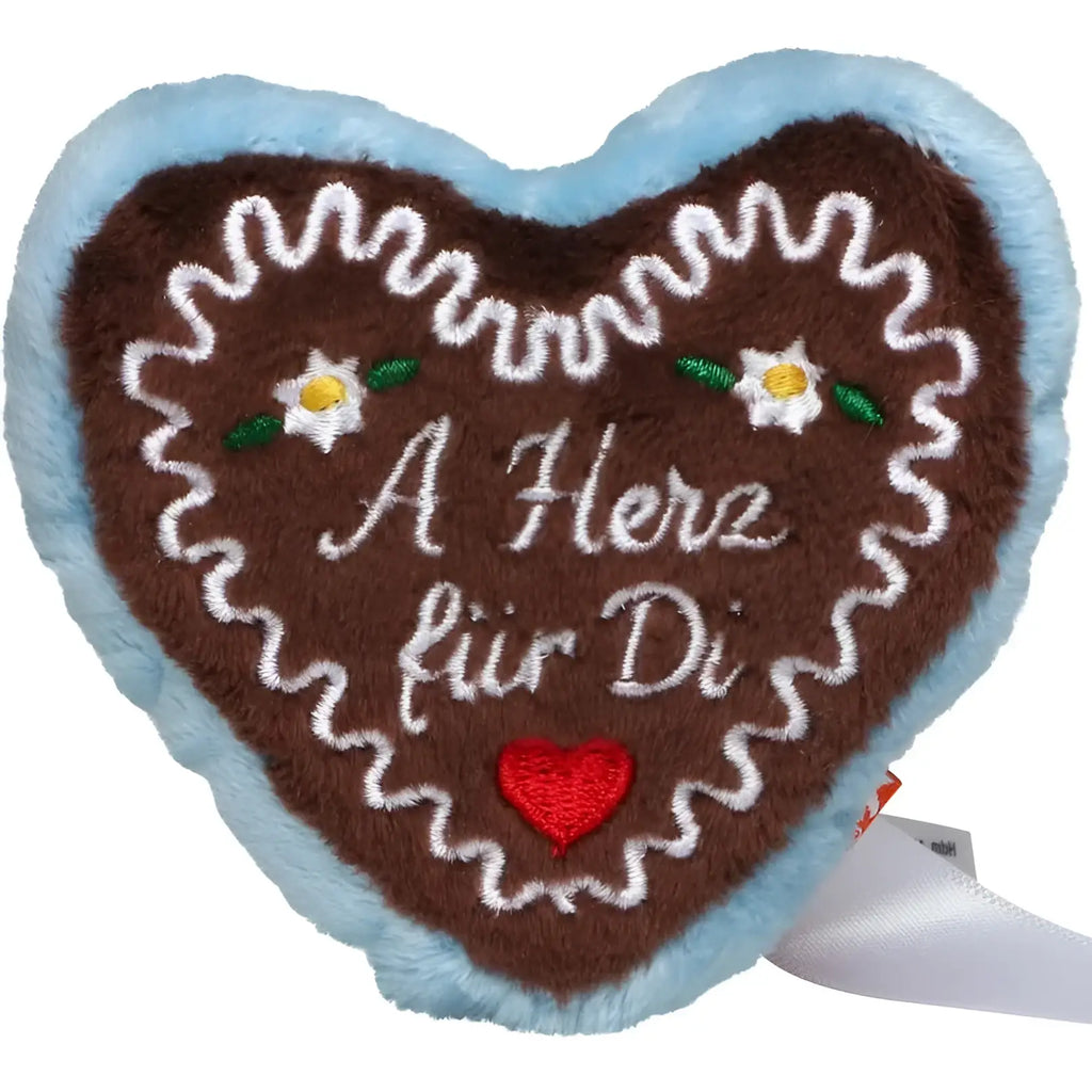A plush schmoozies lebkuchenherz displayreiniger with braun center blau fuzzy border and a herz für di embroidery