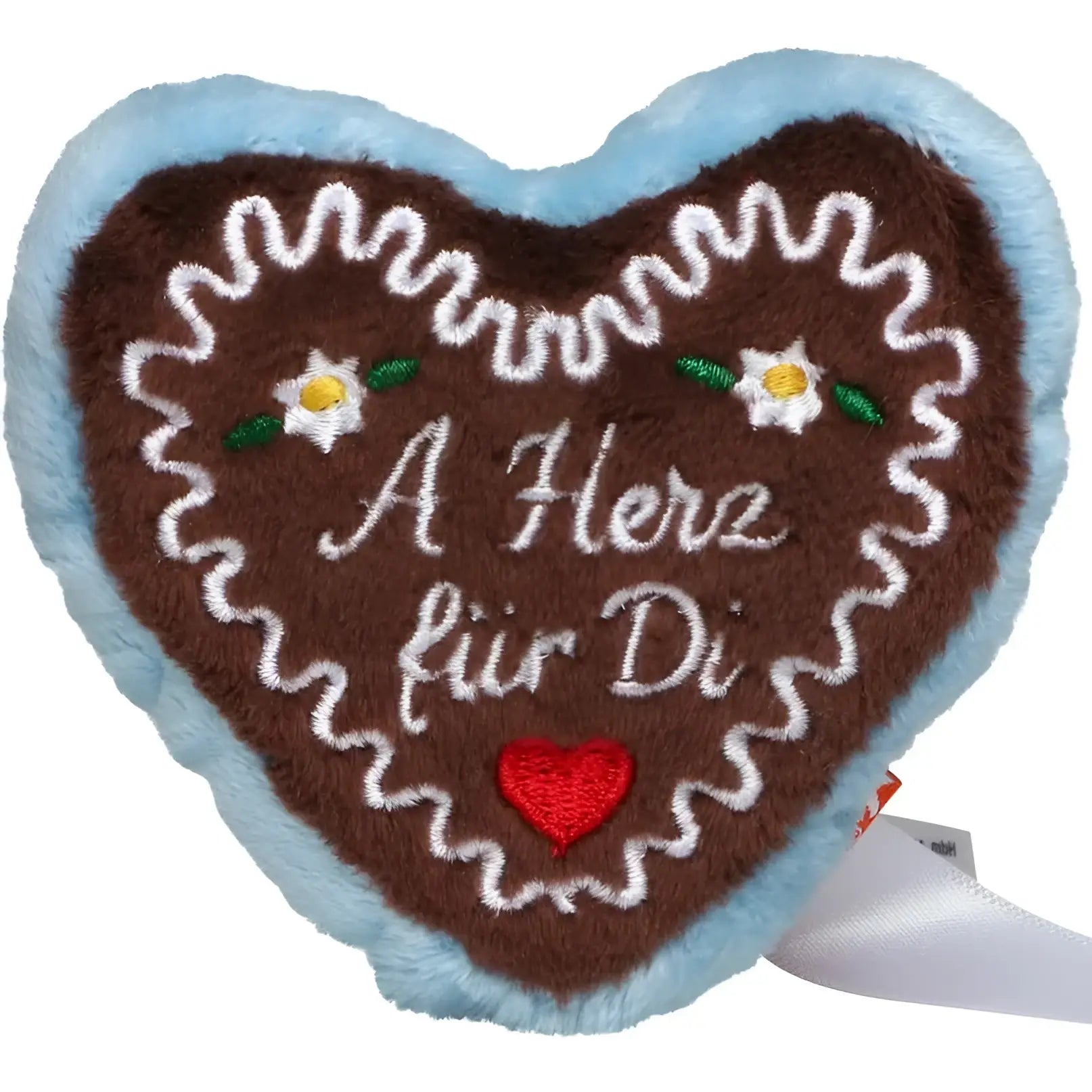 A plush schmoozies lebkuchenherz displayreiniger with braun center blau fuzzy border and a herz für di embroidery