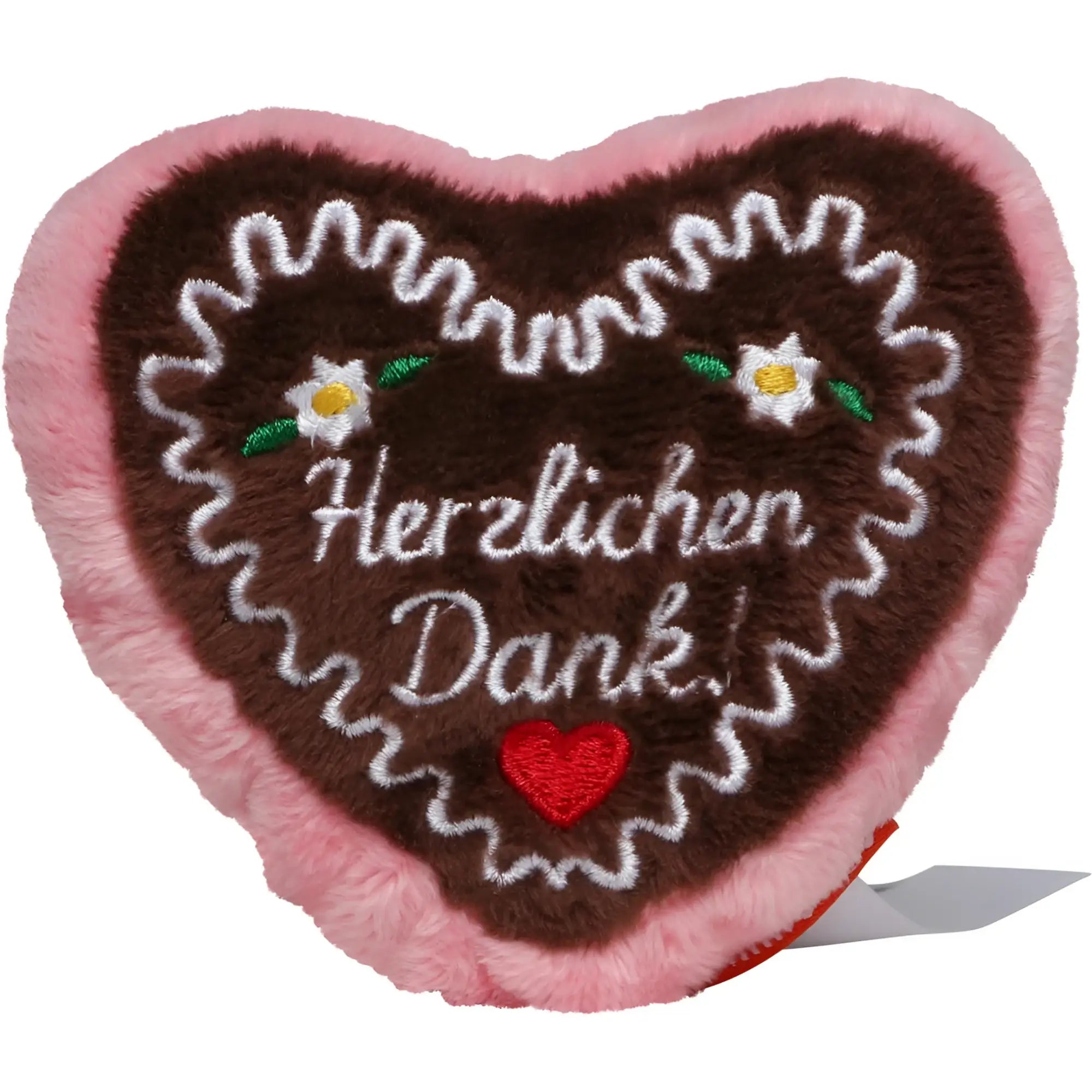 Rosa und braunes schmoozies® lebkuchenherz plüschkissen mit herzlichen dank stickerei und blumenmuster