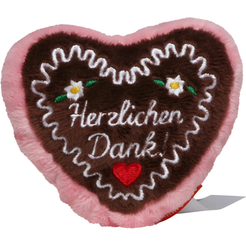 Rosa und braunes schmoozies® lebkuchenherz plüschkissen mit herzlichen dank stickerei und blumenmuster