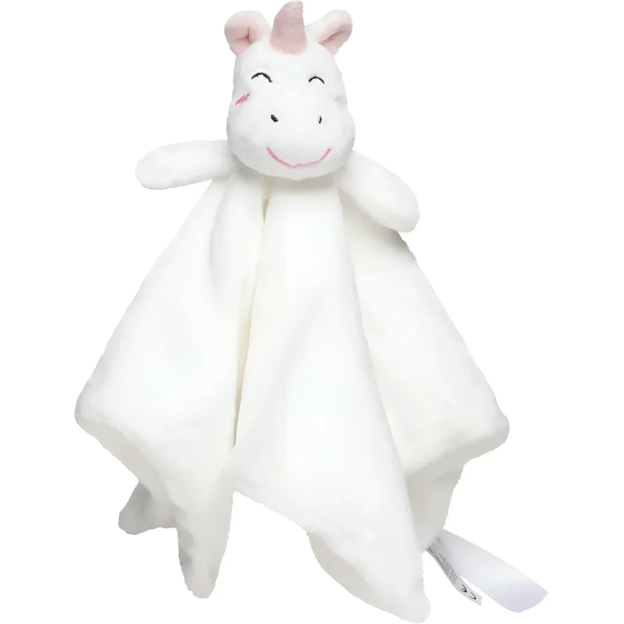 Weißes kuscheltuch einhorn mit pinkem horn und ohren aus weichem stoff OEKO-TEX zertifiziertes babykuscheltier