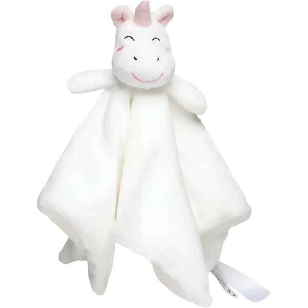Weißes kuscheltuch einhorn mit pinkem horn und ohren aus weichem stoff OEKO-TEX zertifiziertes babykuscheltier