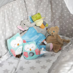 Soft teal eulenförmiges baby kuscheltuch mit rosa akzenten und griffloch fürs schmusen