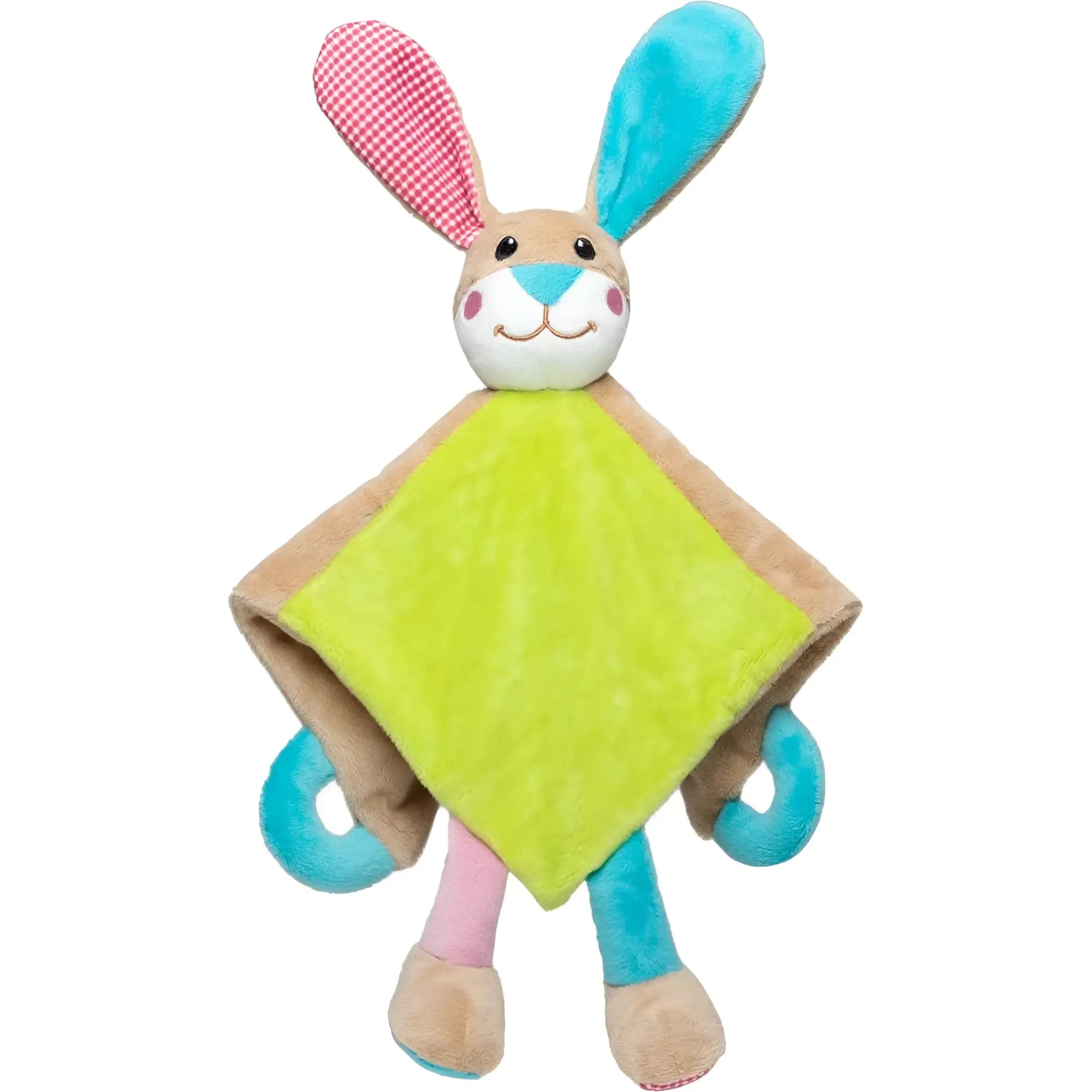 Schmusetuch hase babykuscheltier mit greifohren in rosa und blau mit limegrünem mittelteil und weichen stoffgliedern