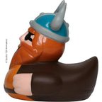 Glänzende orange braune gummi badeente schnabels halvar mit blauem helm grauen hörnern schwarz eye patch und bart