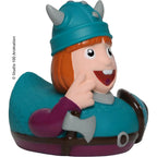 Petrolfarben und lila gummiente vikingerthema mit grauen hörnern lächelnd und axt an der seite schnabels badeente wickie