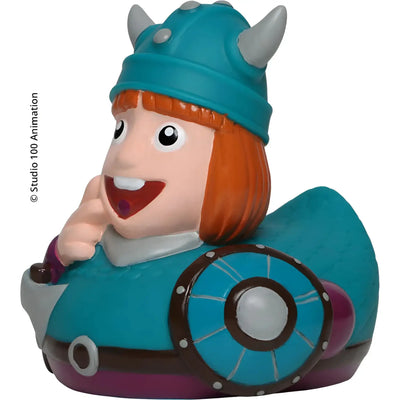 Petrolfarben und lila gummiente wickie von schnabels mit wikingerhelm, schild und orangen haaren in geschenkverpackung