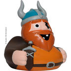 Orange Quietscheente mit viking helmet beard tunic und sword belt from schnabels badeente halvar by wickie
