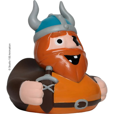 Orange Quietscheente mit viking helmet beard tunic und sword belt from schnabels badeente halvar by wickie