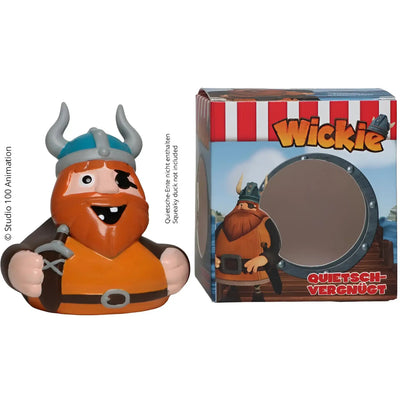 Orange vinyl wickie schnabels badeente halvar mit blauem helm grauen hörnern augenklappe und braunem bart