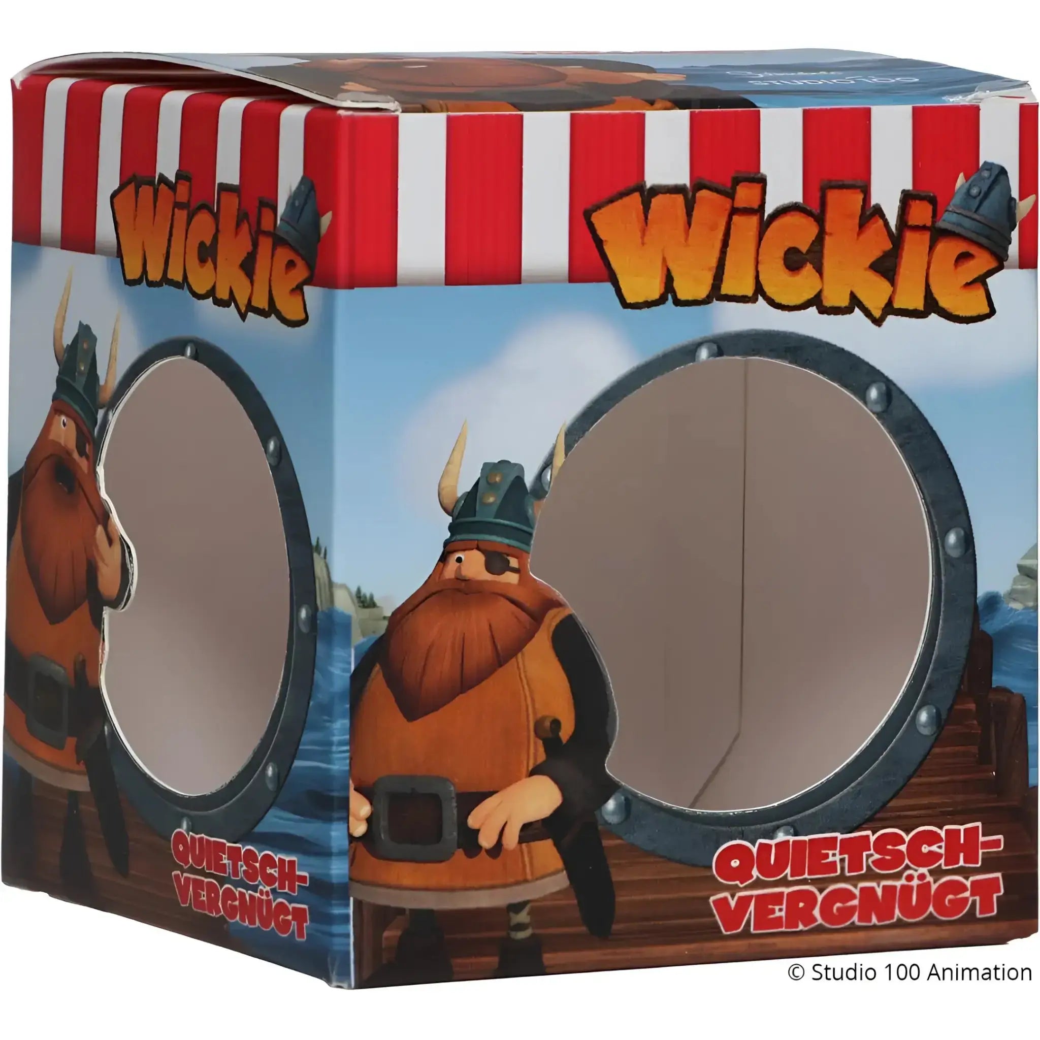Wickie viking badeente halvar im rot weiß gestreiften geschenkpaket mit cartoon vikings auf der verpackung
