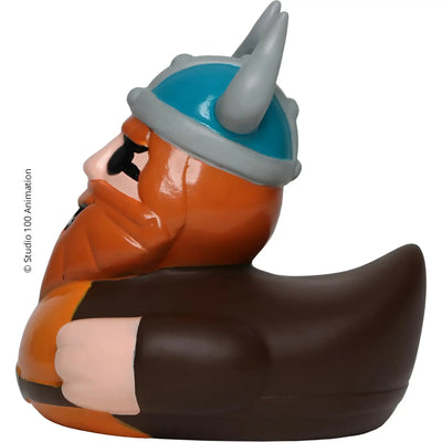 Glänzende orange braune gummi badeente schnabels halvar mit blauem helm grauen hörnern schwarz eye patch und bart