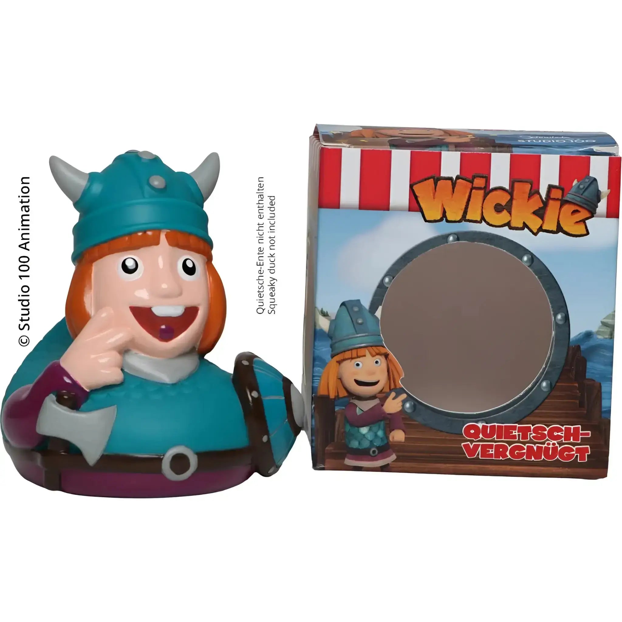 Petrolfarben und lila viking-themed schnabels badeente wickie mit grauen hörnern, axt und gürtel in geschenkverpackung