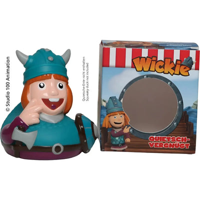 Petrolfarben und lila viking-themed schnabels badeente wickie mit grauen hörnern, axt und gürtel in geschenkverpackung
