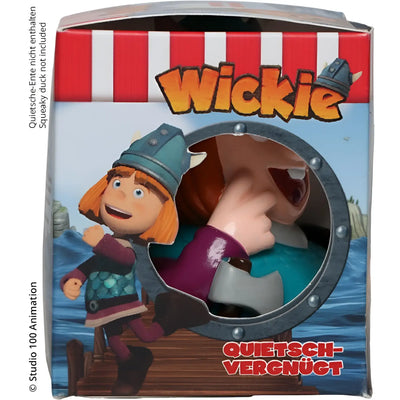 Wickie plüschfigur mit orangefarbenen haaren und tealhelm in rot weiß gestreifter geschenkverpackung von schnabels
